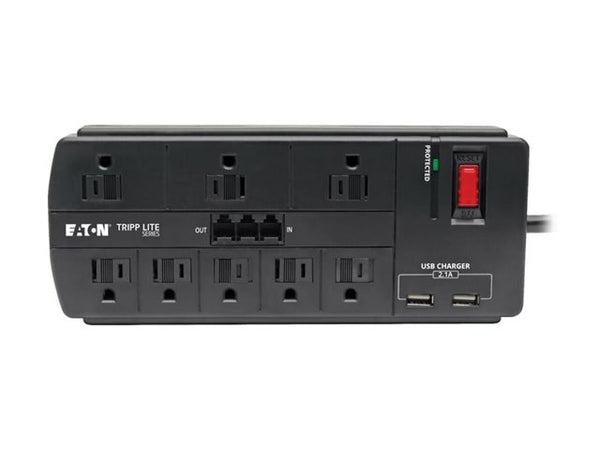 Eaton Tripp Lite Series 8-Outlet Surge Protector Power Strip with 2 USB Ports (2.1A Shared) - 8 ft. Cord, 1200 Joules, Tel/Modem, Black - Surge protector