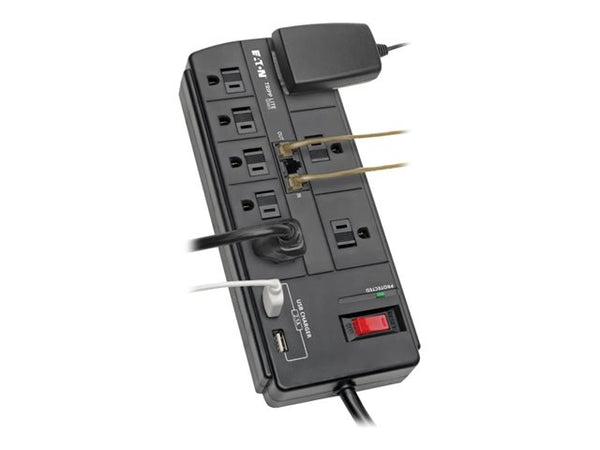 Eaton Tripp Lite Series 8-Outlet Surge Protector Power Strip with 2 USB Ports (2.1A Shared) - 8 ft. Cord, 1200 Joules, Tel/Modem, Black - Surge protector